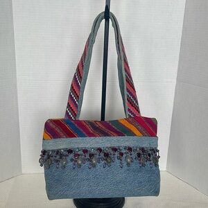 Handmade Denim Shoulder Bag Beads Boho Hot Pepper Interior Festival Snap Closure